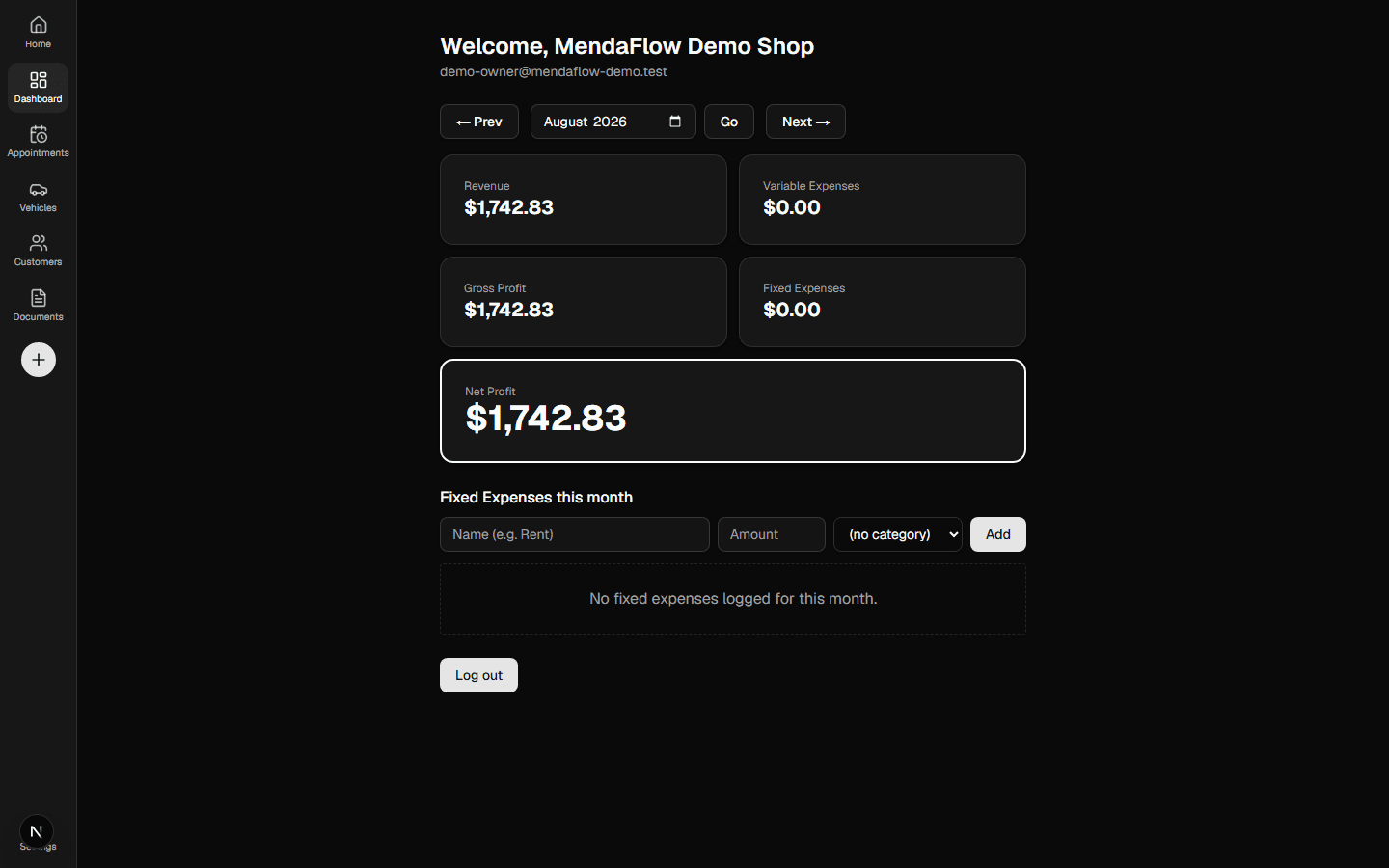 MendaFlow dashboard showing revenue, expenses, and profit per vehicle